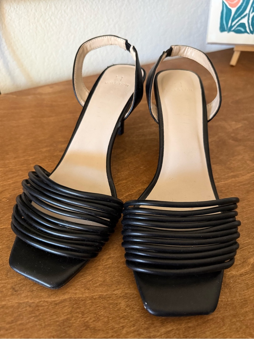 H by Halston Black Strappy Square-Toe Heeled Sandals